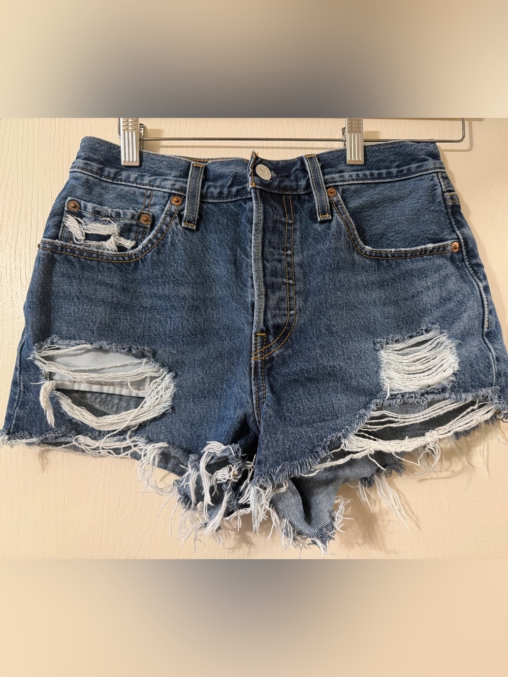 Levi's Distressed Dark Blue Denim Cutoff Shorts